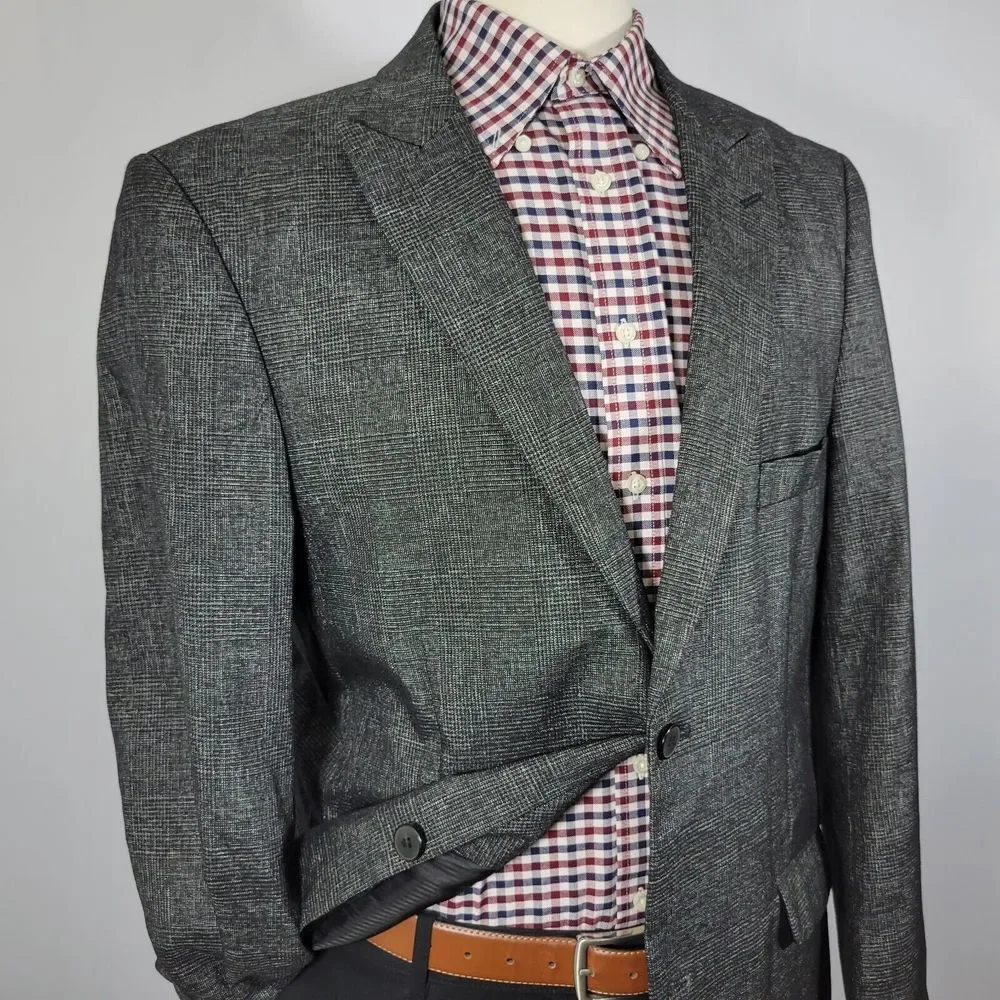Stacy Adams Men's Sport Coat Blazer Two Button Charcoal Black Gray Plaid‎ 44L